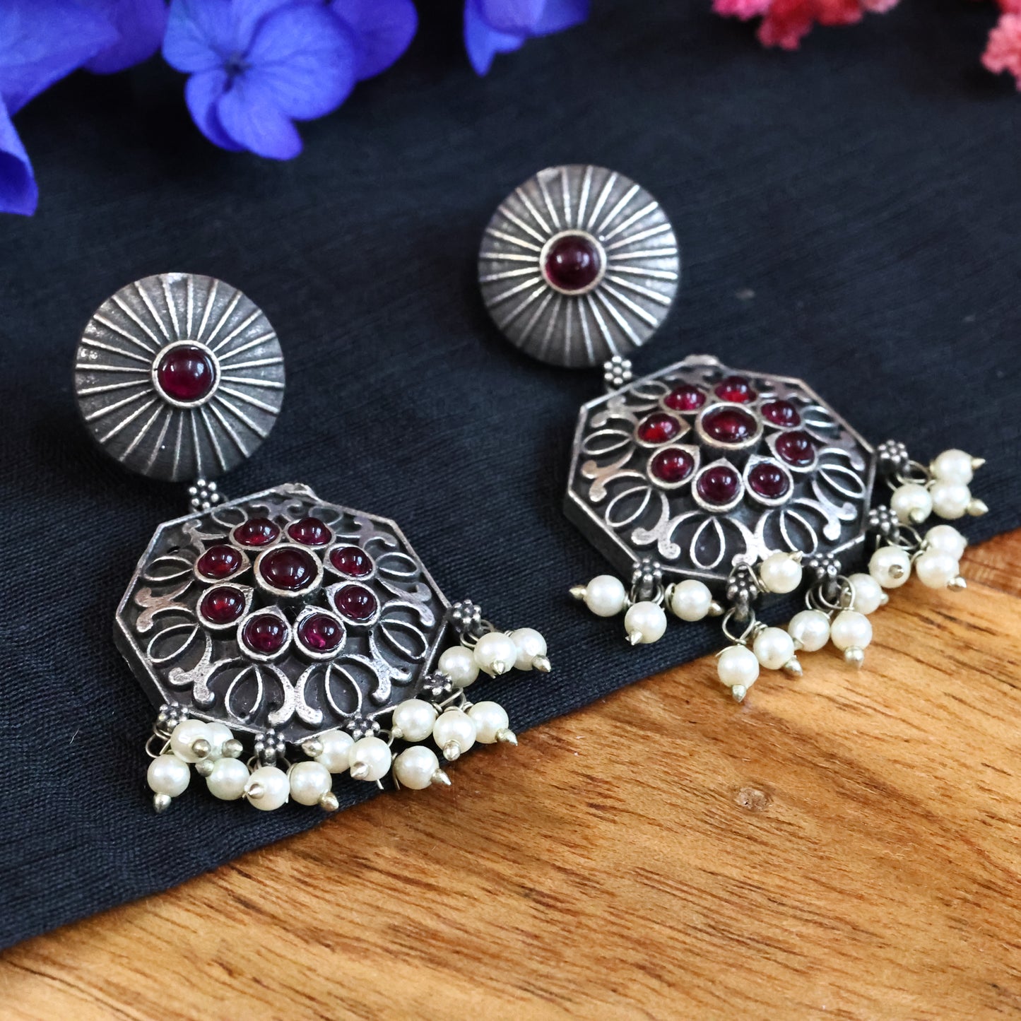 Floral Design Red Stones German Silver Oxidized Earrings with Pearl Drops