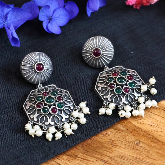 Floral Design Red Green Stones German Silver Oxidized Earrings with Pearl Drops