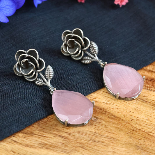 Rose Motif Pink Stone German Silver Oxidized Earrings