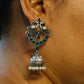 German Silver Oxidized Peacock Jhumka with Monalisa Green Stones