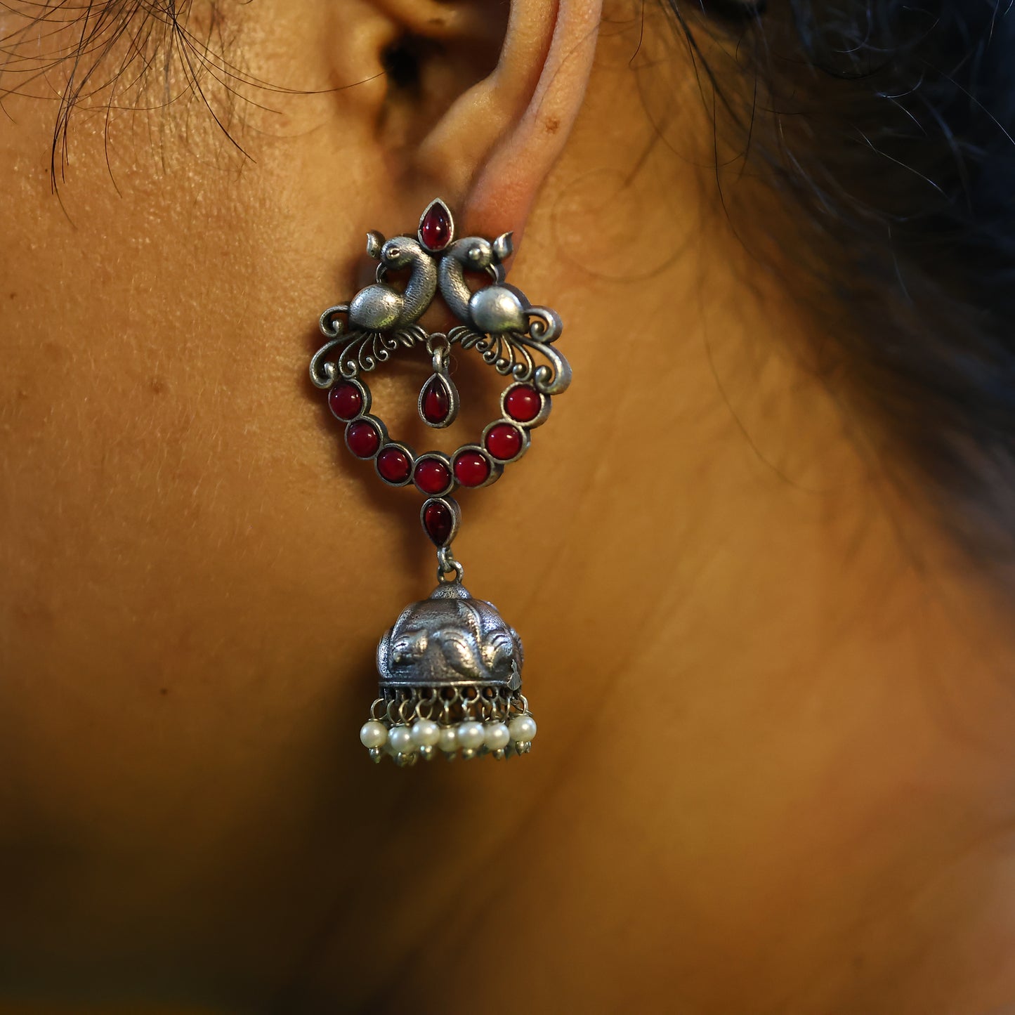 German Silver Oxidized Peacock Jhumka with Monalisa Red Stones