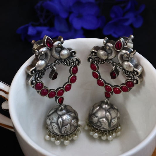 German Silver Oxidized Peacock Jhumka with Monalisa Red Stones