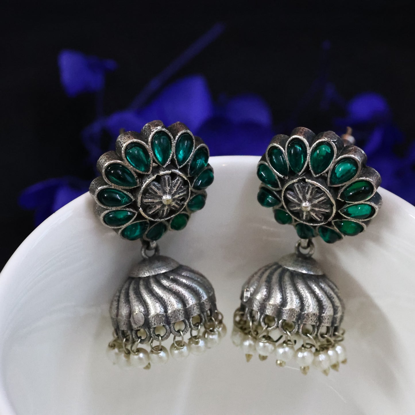 German Silver Oxidized Flower Jhumka with Monalisa Green Stones