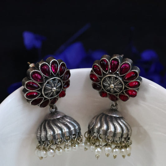 German Silver Oxidized Flower Jhumka with Monalisa Red Stones