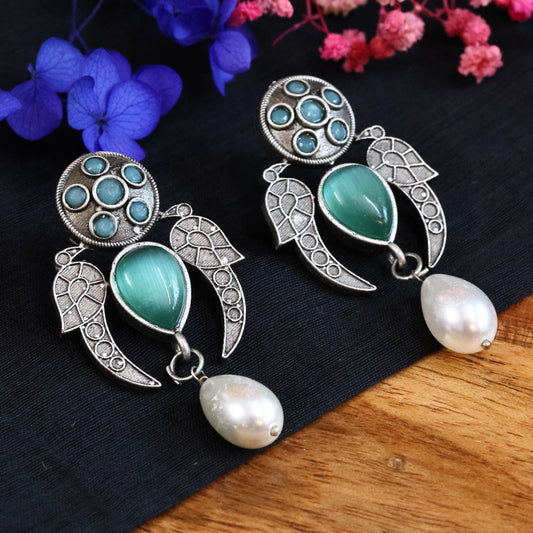 Oxidized Silver Replica  Love Birds Earring with Monalisa Sea Green Stones