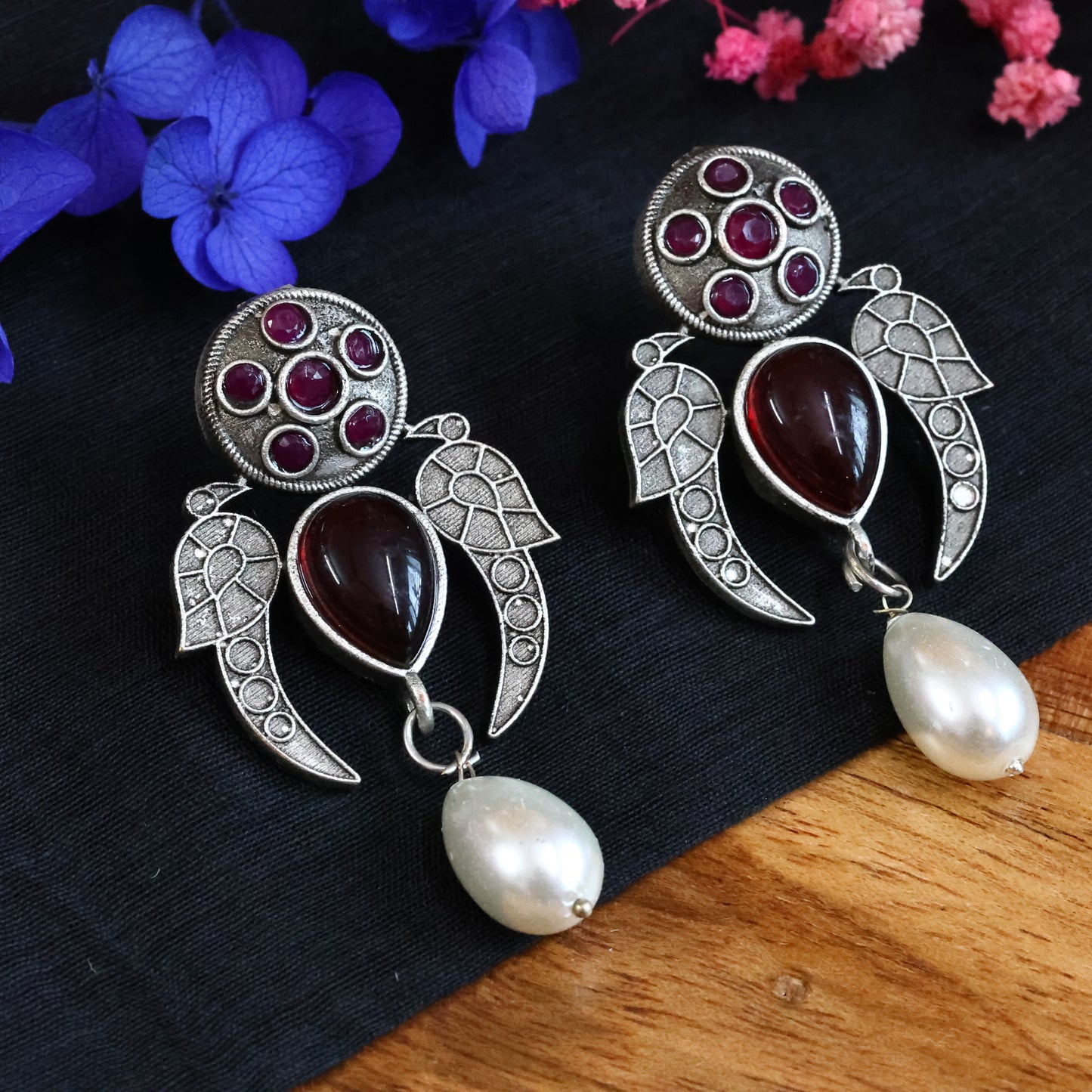 German Silver Oxidized Love Birds Earring with Monalisa Red Stones