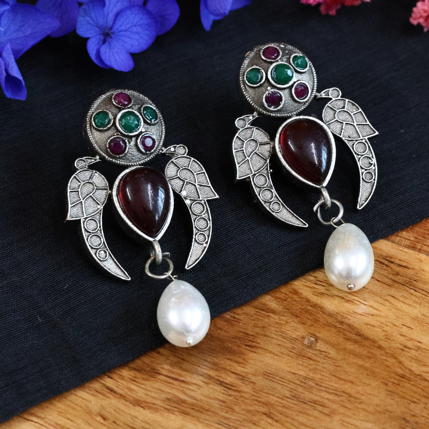 German Silver Oxidized Love Birds Earring with Monalisa Red Green Stones