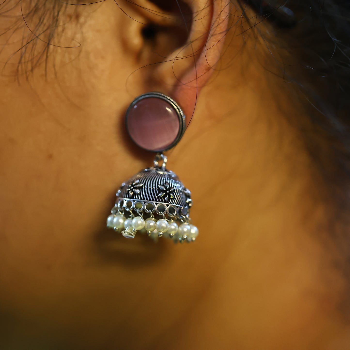 German Silver-Plated Jhumka with Pink Gemstones