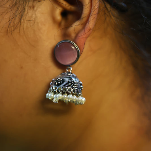 German Silver-Plated Jhumka with Pink Gemstones