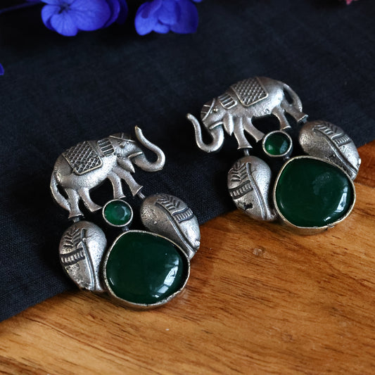 Elephant Motif Oxidized Silver Replica with Green Stones GSE393G