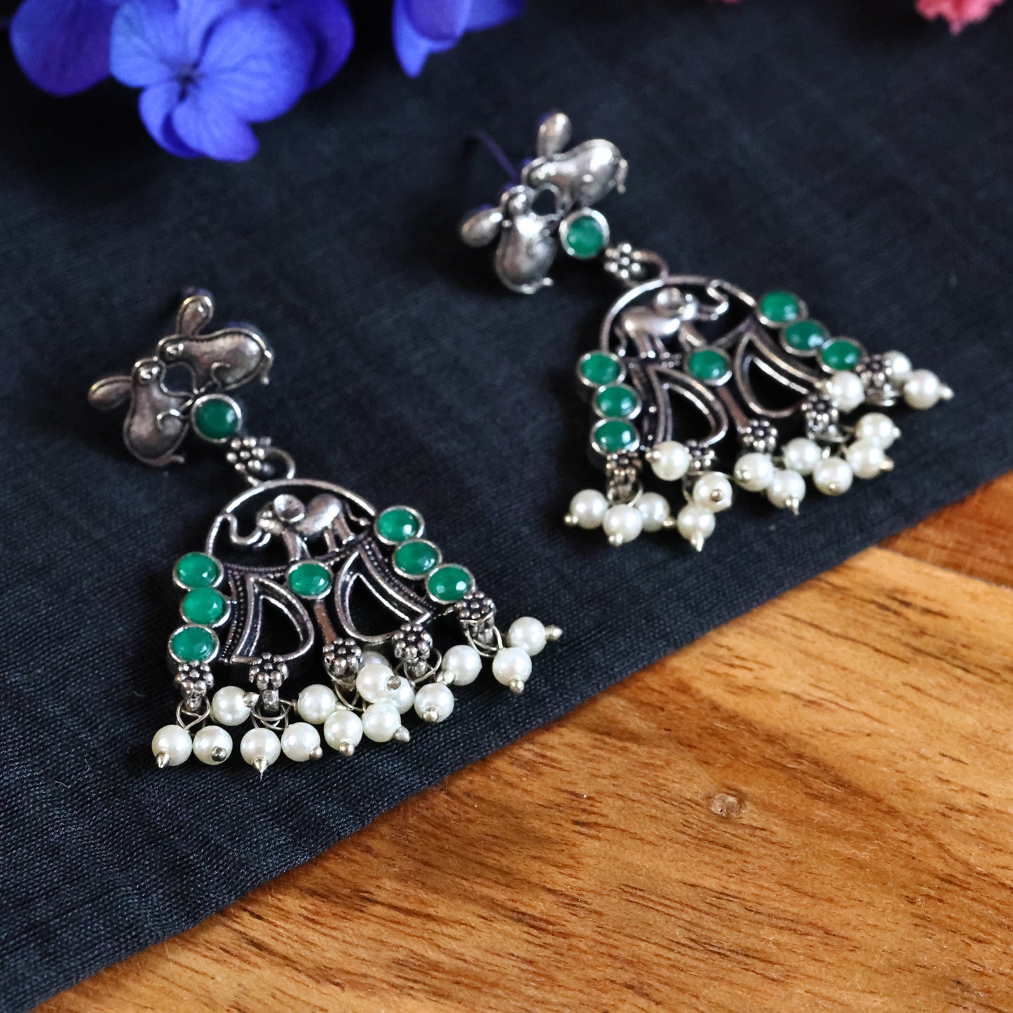 Elephant Motif Oxidized Silver Replica with Green Stones and Pearl Drops GSE400GREEN