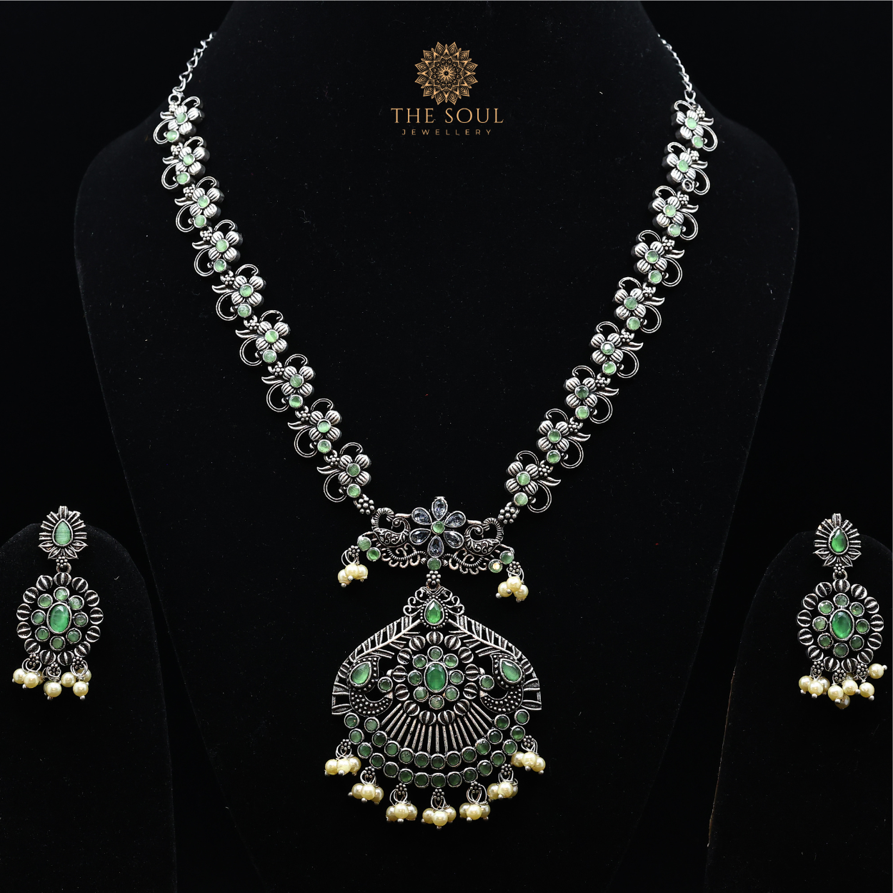 Bold German Silver Plated Necklace and Earrings Embellished with Brilliant Green Gemstones and Gleaming Pearl Drops - GSN112G