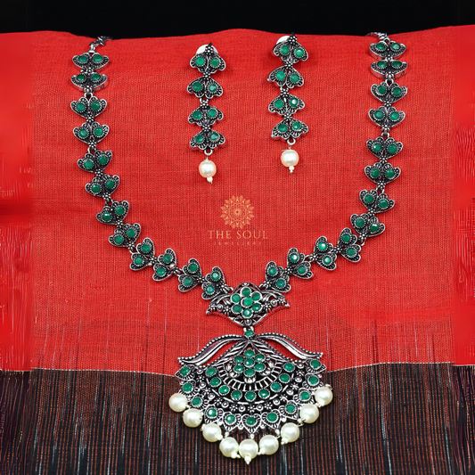 German Silver-Plated Necklace and Earrings Embellished with Green Gemstones and Pearl Drops