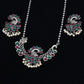 German Silver-Plated Peacock Necklace set with Red & Green Gemstones and Gleaming Pearl Drops