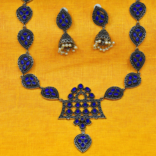 German Silver-Plated Necklace & Jhumka Set with Blue Gemstones