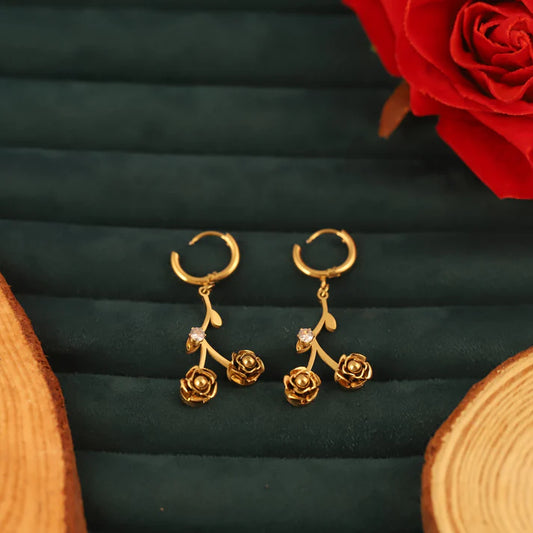 Luxury Gold Plated Rose Flower Drop Earrings – Elegant Anti-Tarnish Stainless Steel with Crystal Accents ATER221
