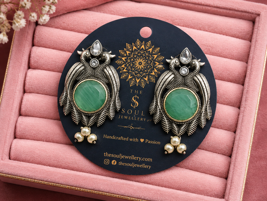 Green Stone Oxidised Peacock Earrings for Women – Vintage Pearl Drop Boho Earrings - The Soul Jewellery