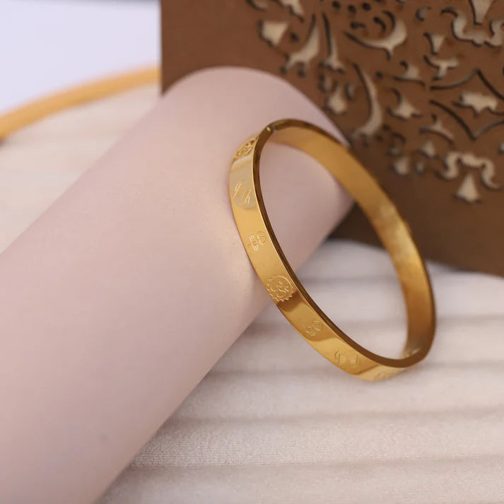 8K Gold Plated Anti-Tarnish Bracelet with Sacred Om Engraving | Unisex Spiritual Energy Bangle | Stainless Steel | Lucky for Wealth & Protection