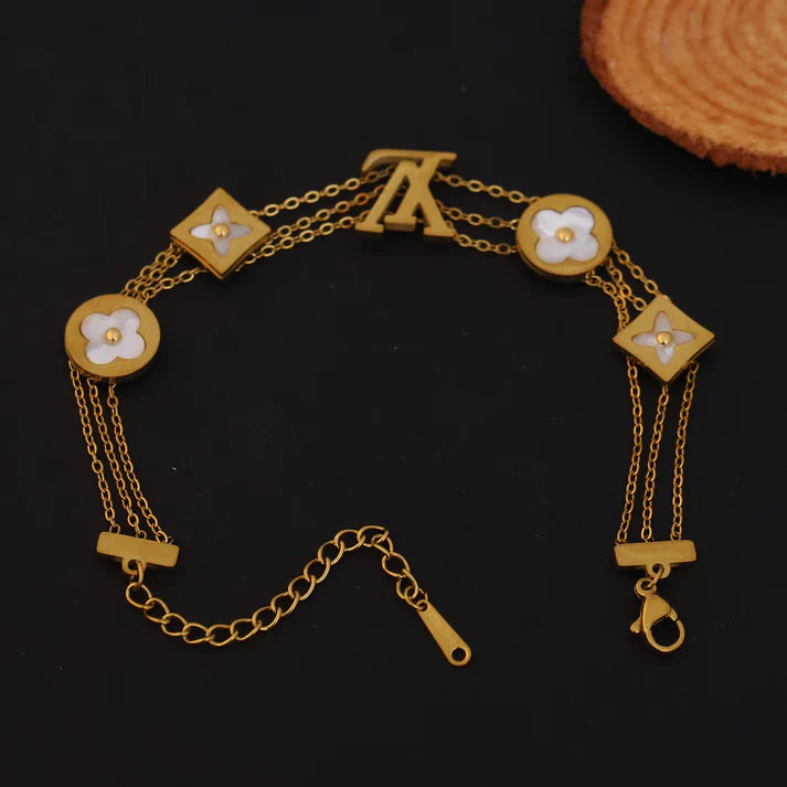 777 Luxury Anti-Tarnish Layered Gold Bracelet with Mother of Pearl Clover Charms & LV Inspired Monogram – 111 Elegant Everyday Jewelry for Women