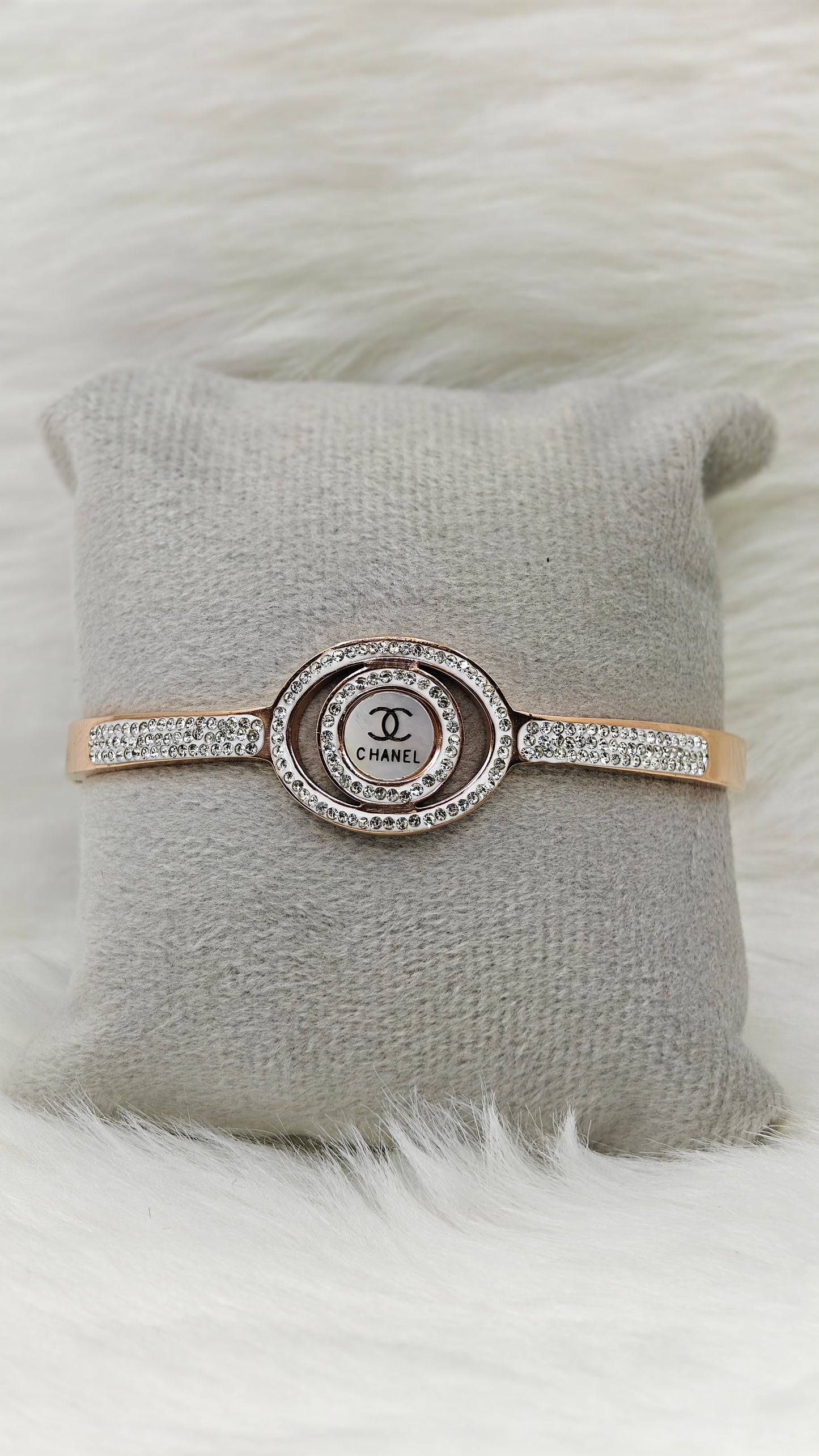 Chanel Elegance:  18K Rose Gold Plated CZ Studded Anti Tarnish Openable Bangle RGB137