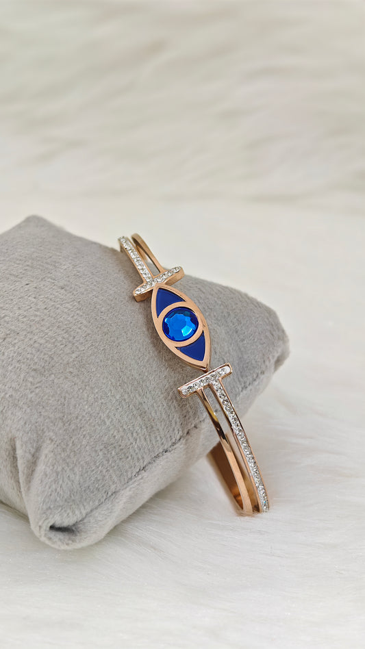 Blue Evil Eye Rose Gold Anti Tarnish Openable Bangle RGB145