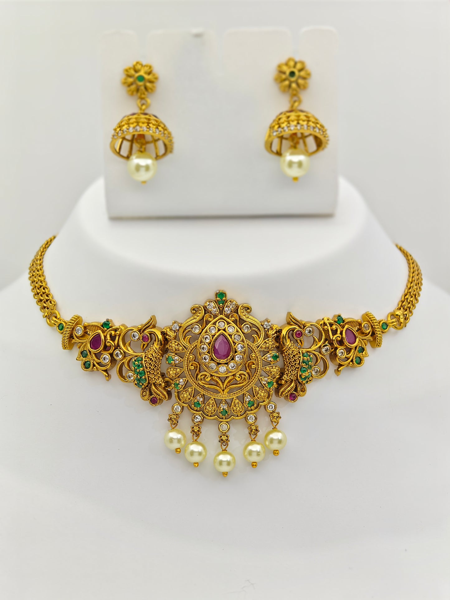 Apala Nakshi Choker Set with Pearl Drops and Intricate Peacock Motifs – Traditional Temple Jewelry MGNS312