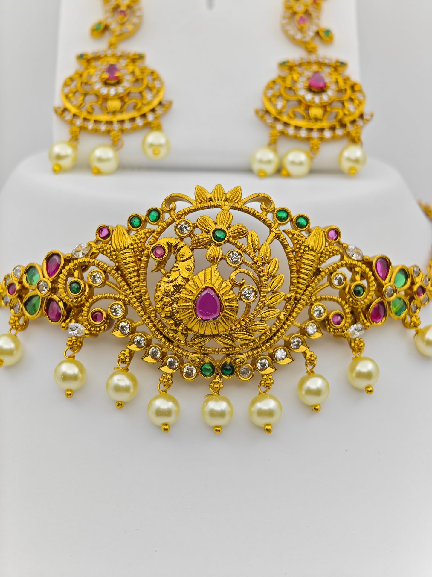 Rishika Antique Nakshi Choker Set with Pearl Drops Peacock and Floral Accents – Traditional Temple Jewelry MGNS311