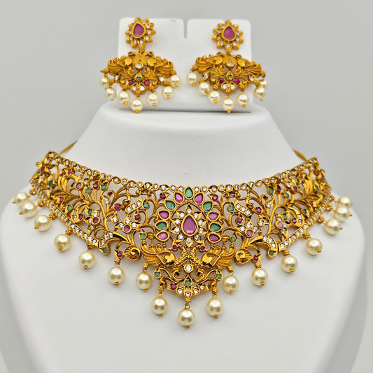 Vasudha Antique Nakshi Choker Set with Intricate Pearl and Ruby Accents – Traditional Temple Jewelry MGNC319