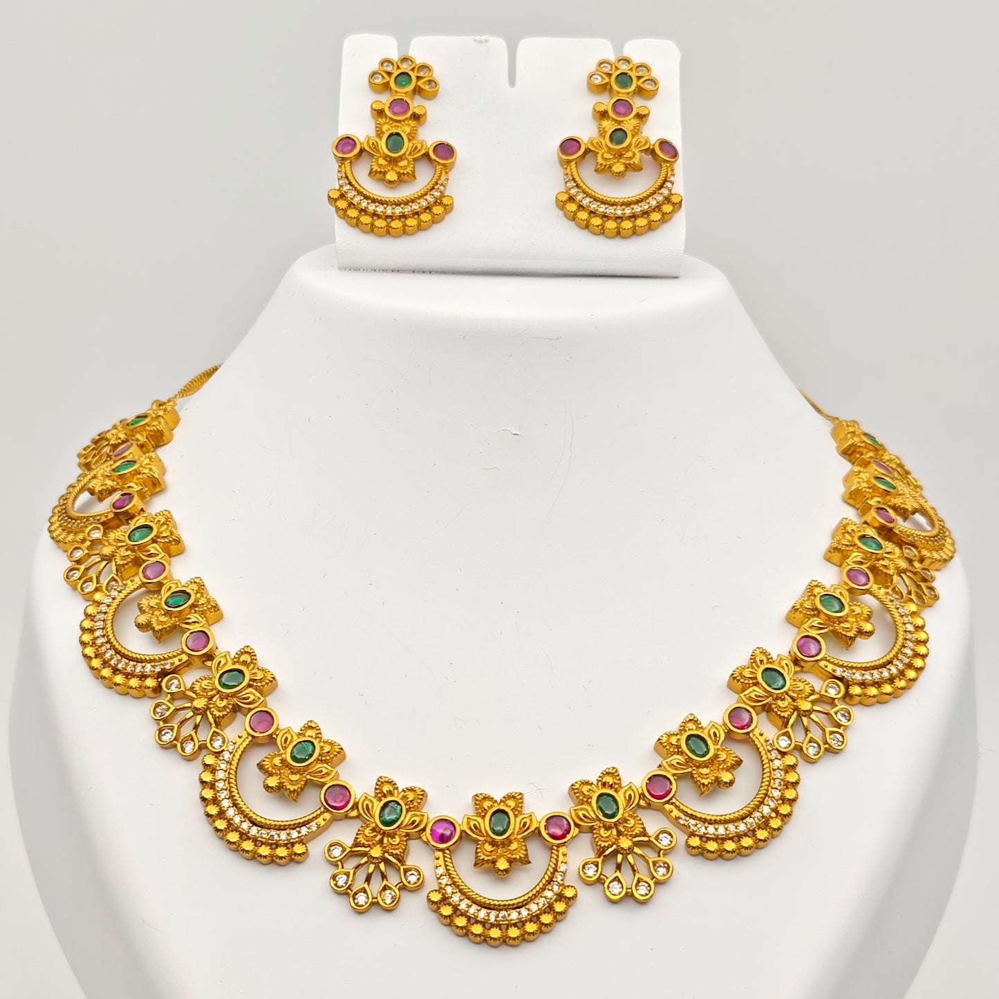 Antique Gold Plated Vinayaka Necklace Earrings Set with Floral Motifs and Gemstone Accents – Traditional Temple Jewelry MGNS304