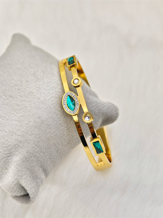 18K Yellow Gold Plated Anti-Tarnish Green Crystal Bangle – Elegant Designer Bracelet for Women with Geometric Accents