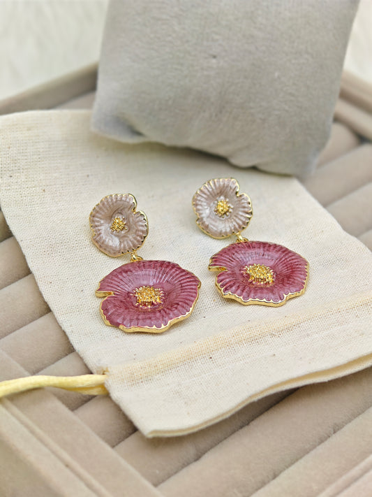 Luxury Anti-Tarnish Enamel Flower Drop Earrings in Gold Finish – Elegant Pink & Pearl Dual-Tone Statement Jewelry for Women