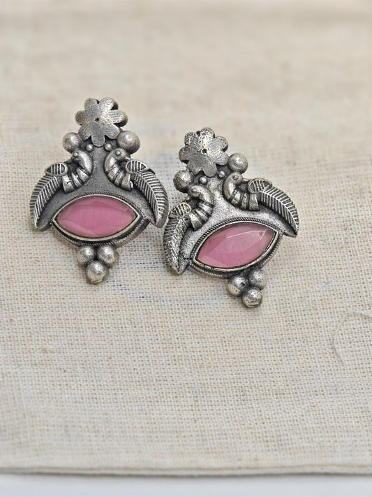 Antique Peacock Silver Replica Earrings with Pink Stone | Ethnic Festive Jewellery for Women – Limited Edition Offer