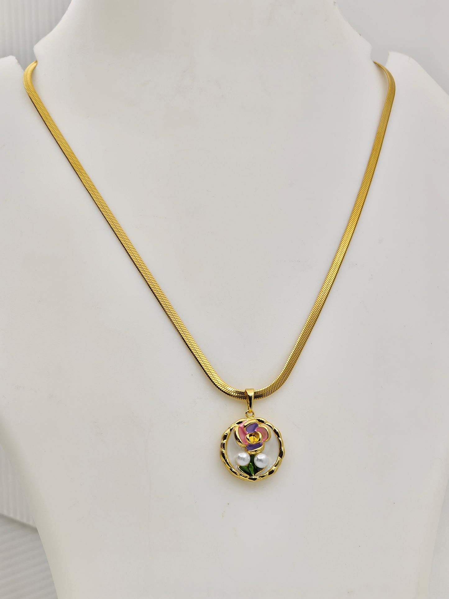 Luxury Anti-Tarnish Pink Floral Pearl Pendant Chain for Women | 18K Gold Plated Daily Wear Necklace | Good Luck Jewellery Gift – Series 777