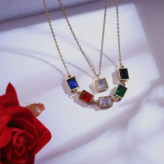 Luxury Gold-Tone Multi-Color Gemstone Necklace & Stud Earring Set – Square-Cut Statement Jewelry for Women ATCP177