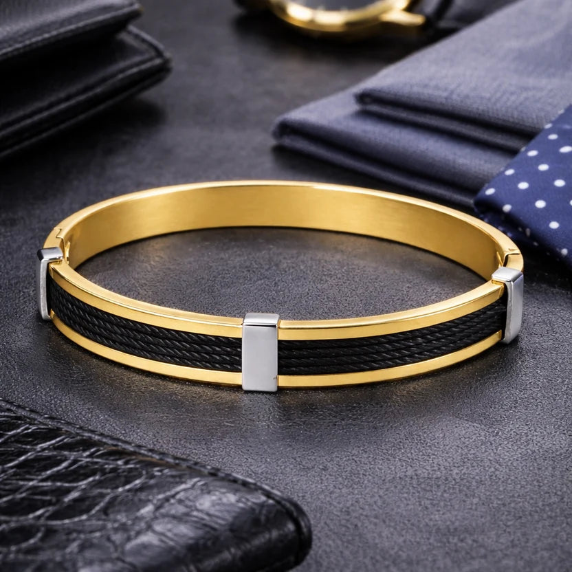 AURÉLIA LUXE 6™ Gold & Black Stainless Steel Anti-Tarnish Bracelet for Men | Waterproof Premium Kada - Soul Jewellery