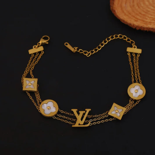 777 Luxury Anti-Tarnish Layered Gold Bracelet with Mother of Pearl Clover Charms & LV Inspired Monogram – 111 Elegant Everyday Jewelry for Women