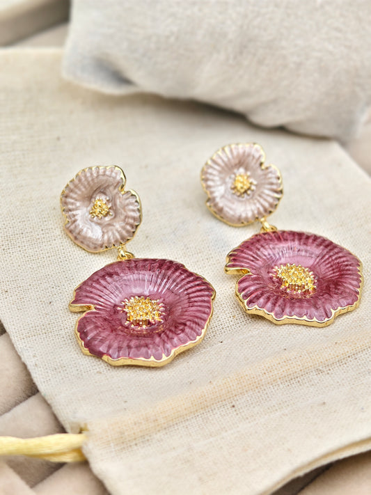 Luxury Anti-Tarnish Enamel Flower Drop Earrings in Gold Finish – Elegant Pink & Pearl Dual-Tone Statement Jewelry for Women