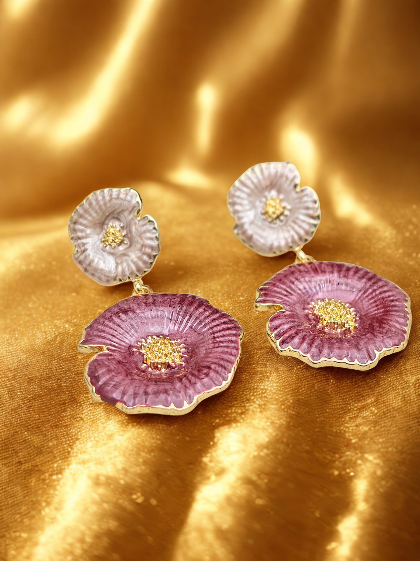 Luxury Anti-Tarnish Enamel Flower Drop Earrings in Gold Finish – Elegant Pink & Pearl Dual-Tone Statement Jewelry for Women