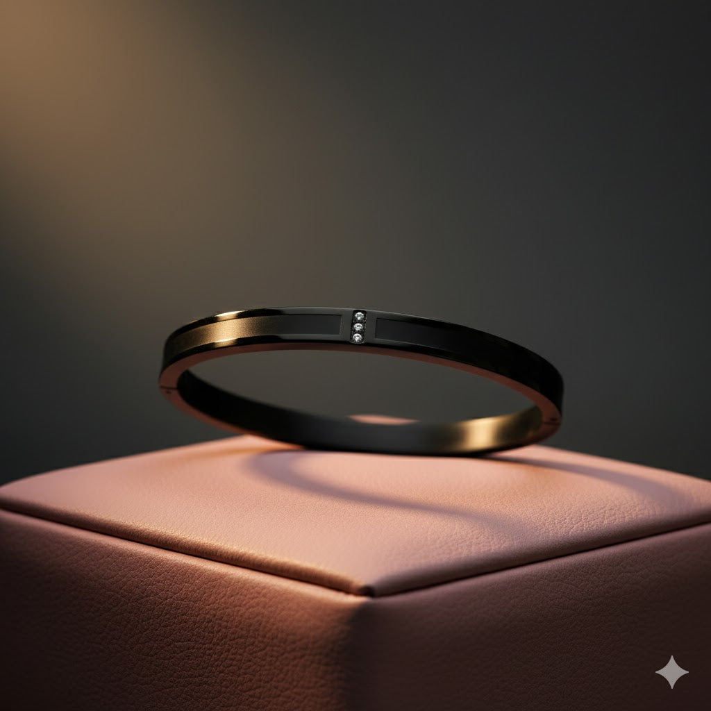 Luxury Black Polished Anti-Tarnish Bangle with Triple Diamond Accents – Sleek Openable Design RGB314
