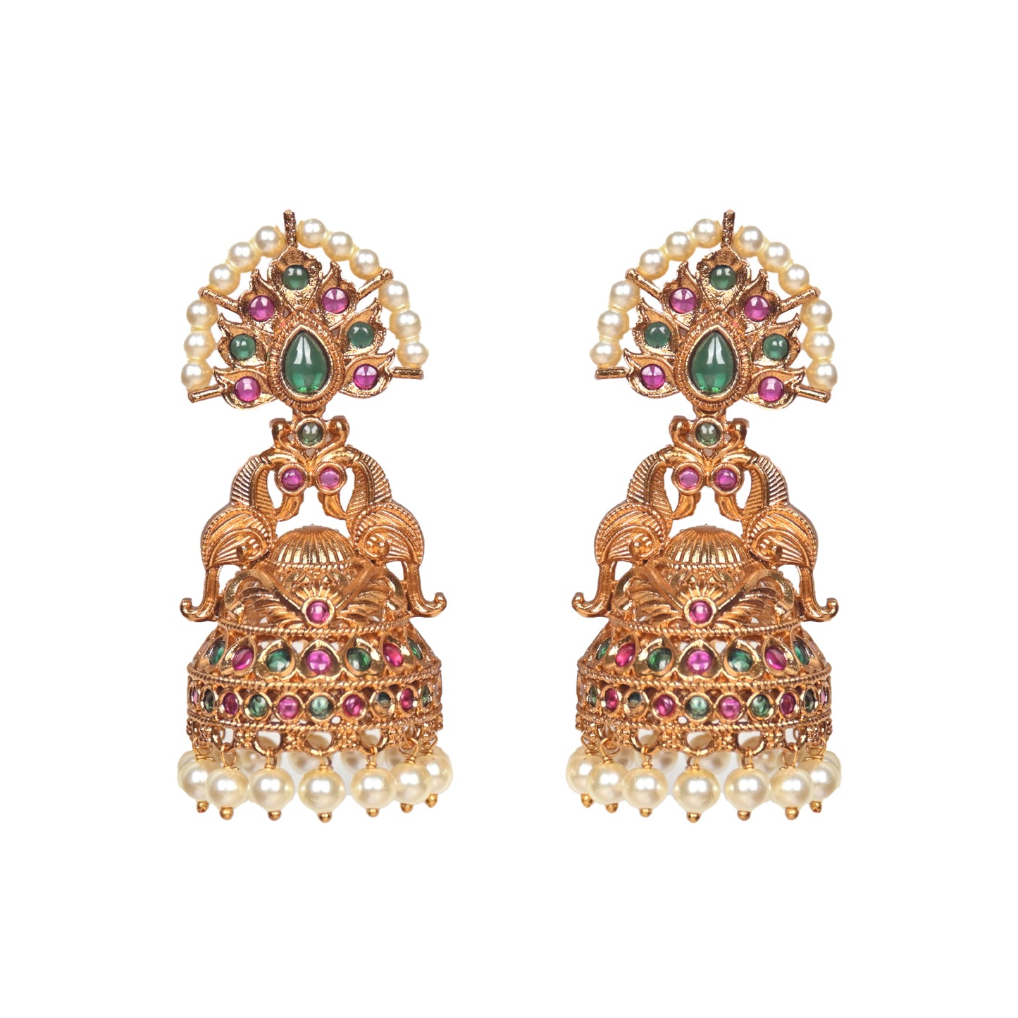 Arunima Antique Matte Gold Plated Jhumka Earrings