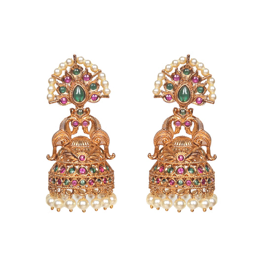 Arunima Antique Matte Gold Plated Jhumka Earrings