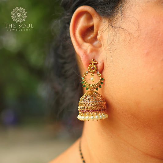 22K Gold Plated Antique Matte Gold Plated Anupama  Jhumka Earrings with Flower Design