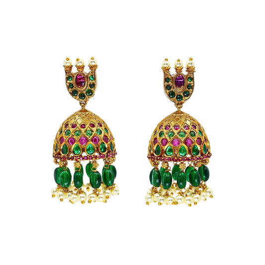 22K Matte Gold Plated Chandrima Antique Jhumka Earrings with Flower Design