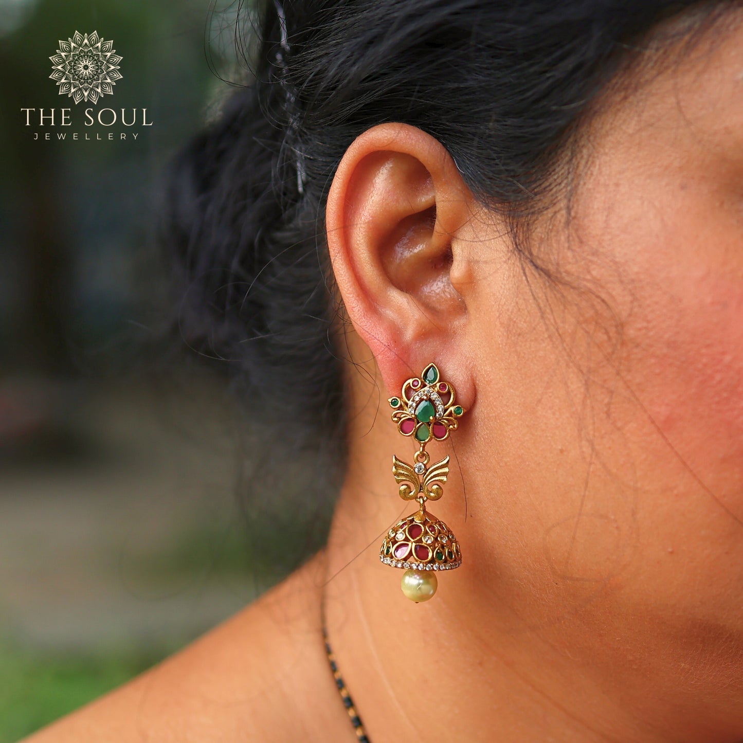 Premium Antique Gold Plated Adrika Jhumka Earrings with Flower Motif