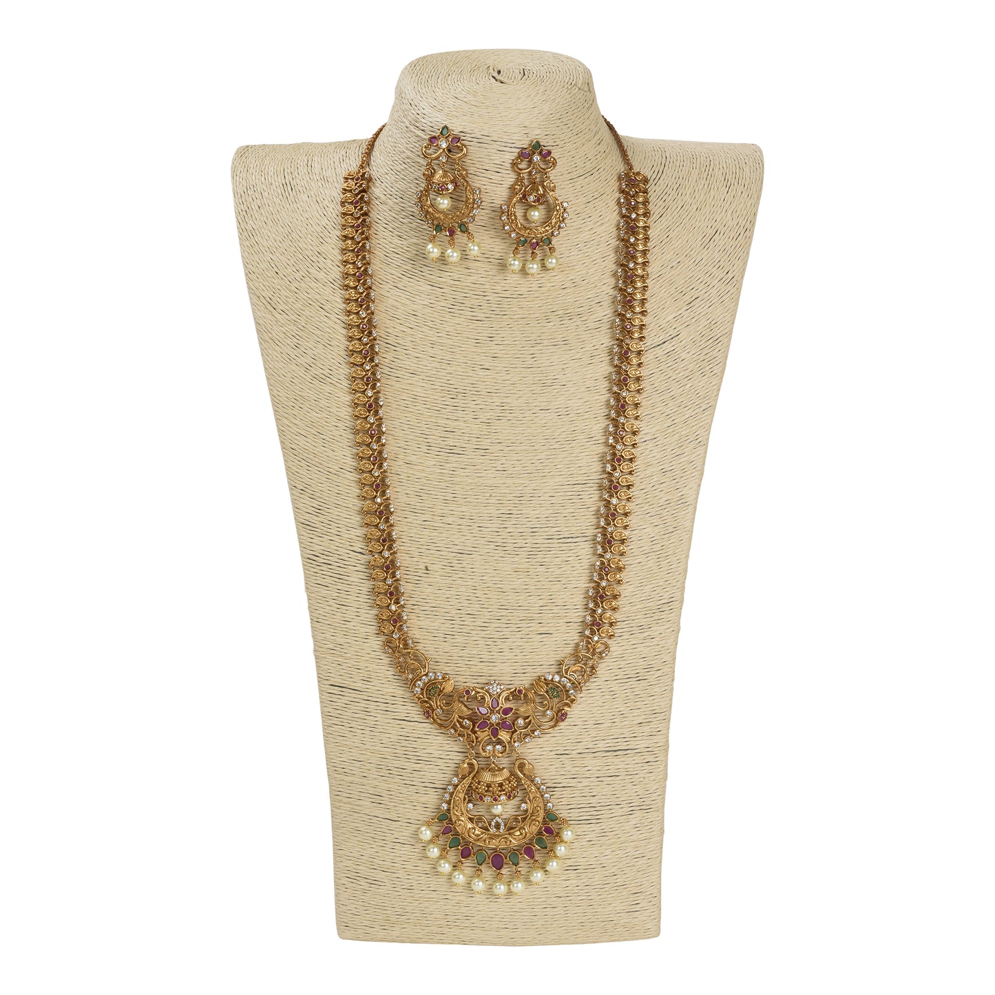 Anika Antique Matte Gold Plated Long Necklace Set with Peacock and Leaf Motif