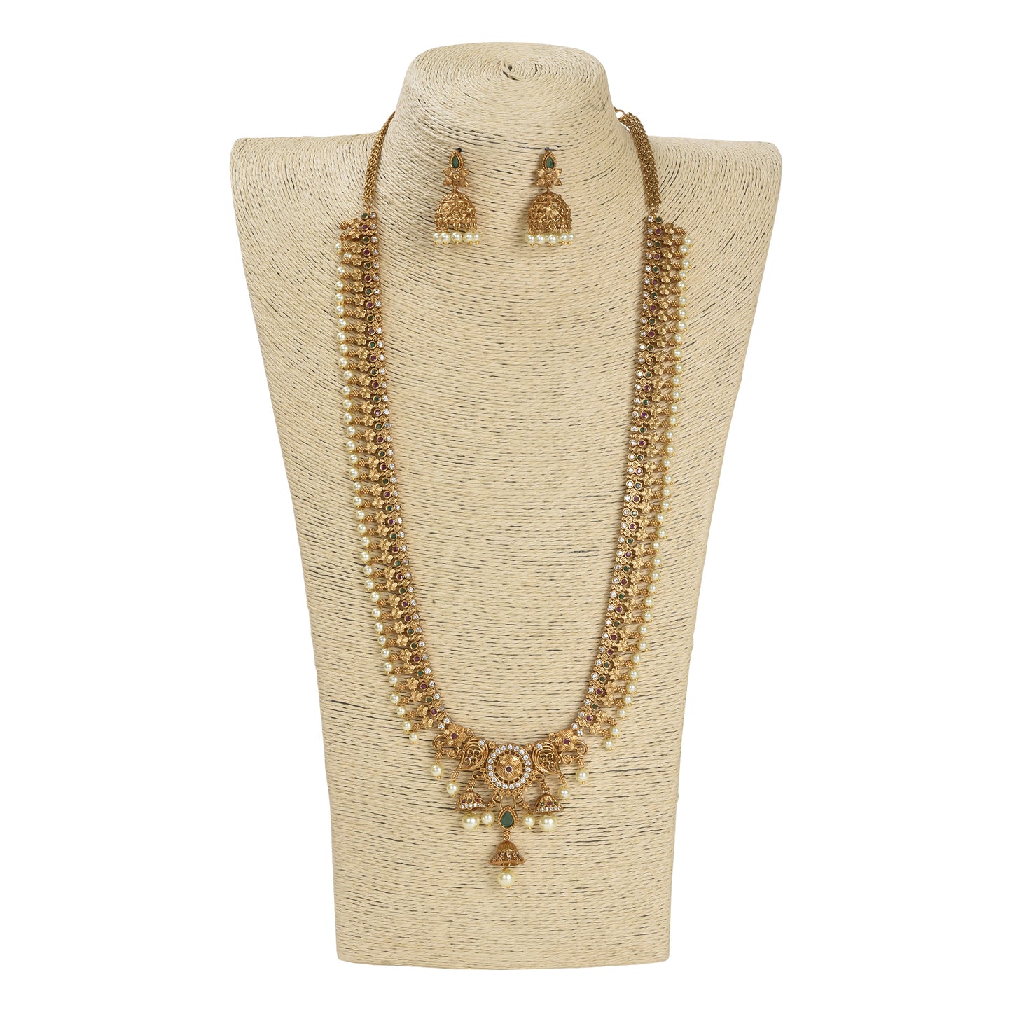 Avanti Antique Gold-Plated Long Necklace & Earring Set with Flower Motif