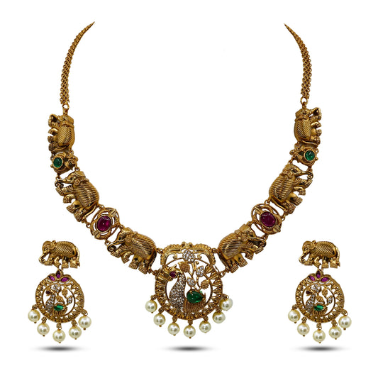 Vinayaki Antique Matte Gold Plated Short Necklace Set