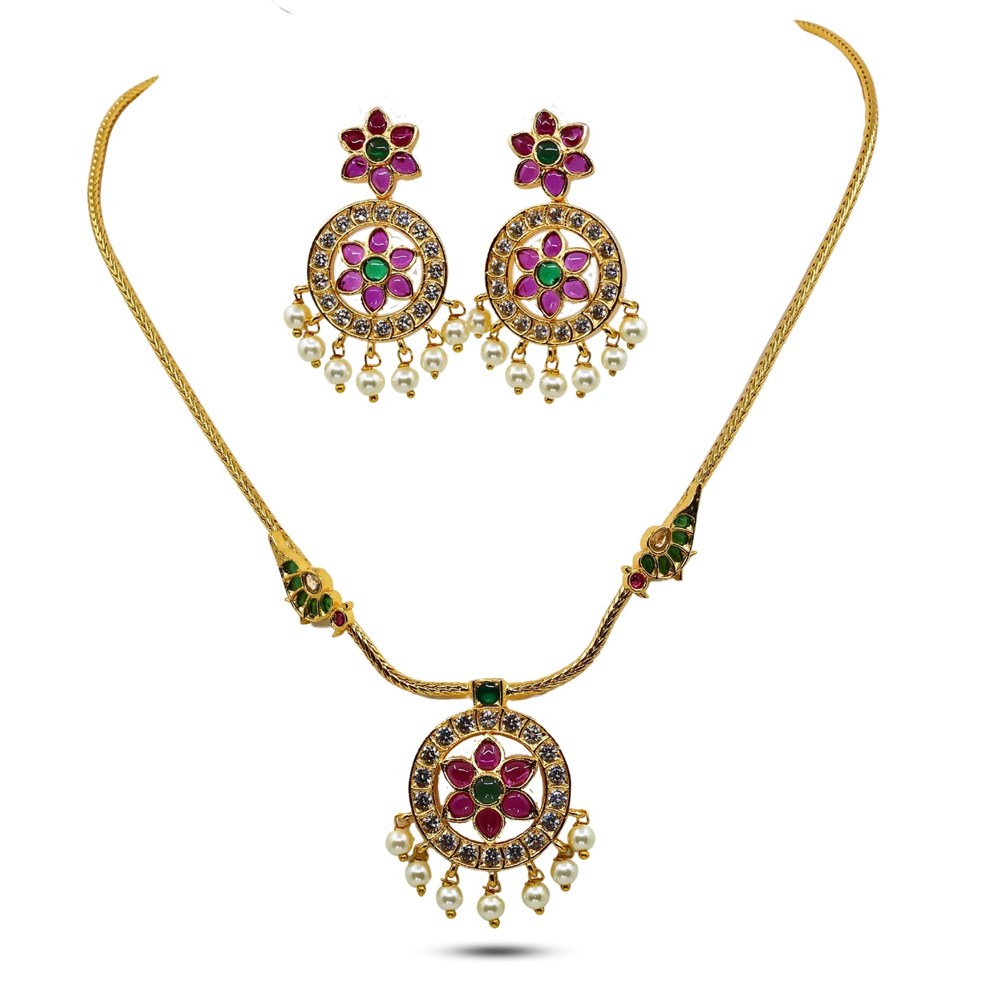 Madhavi Antique Gold Plated Short Necklace Set with Flower Design