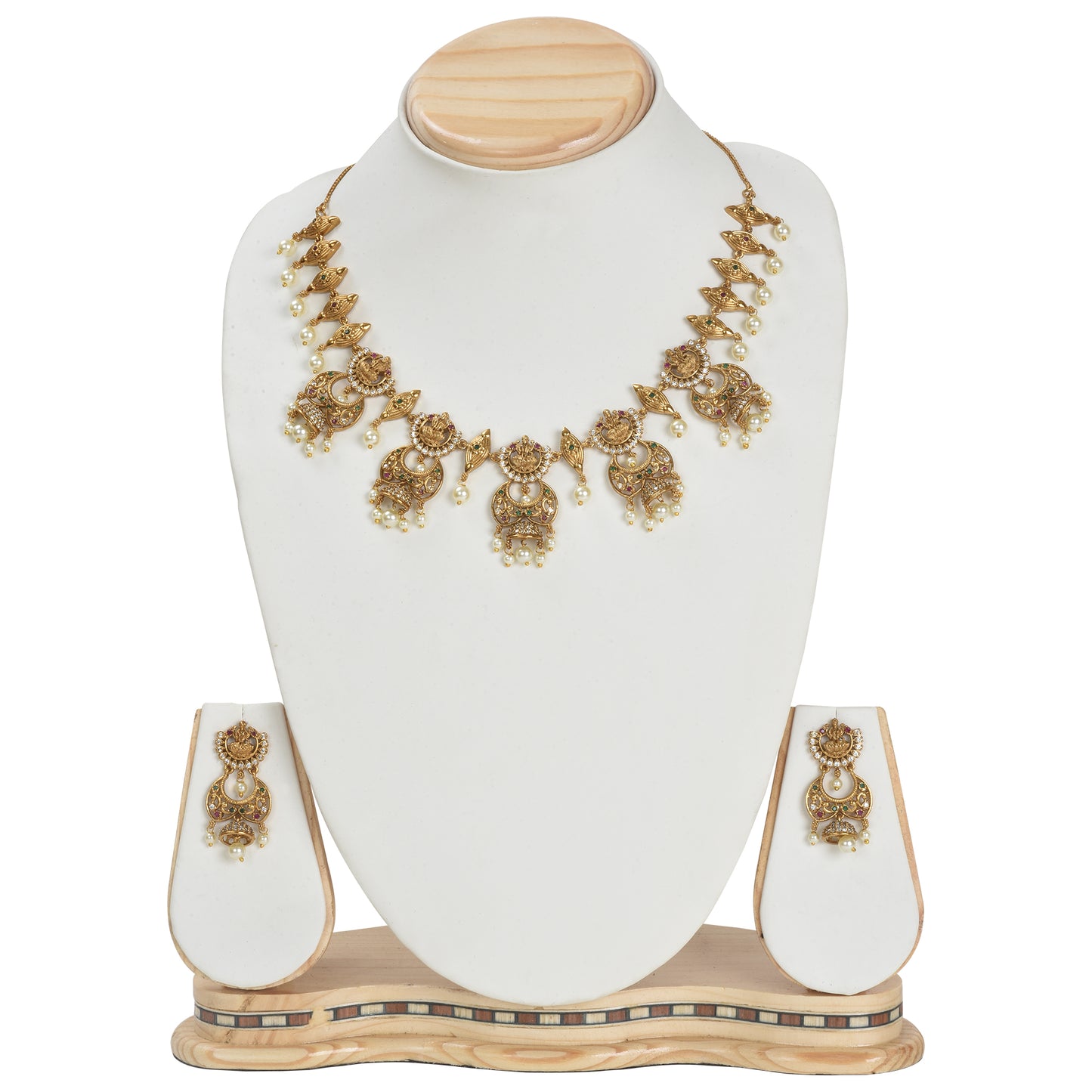 Indu Antique Matte Gold Plated Short Temple Necklace Set with Lakshmi Devi Motif