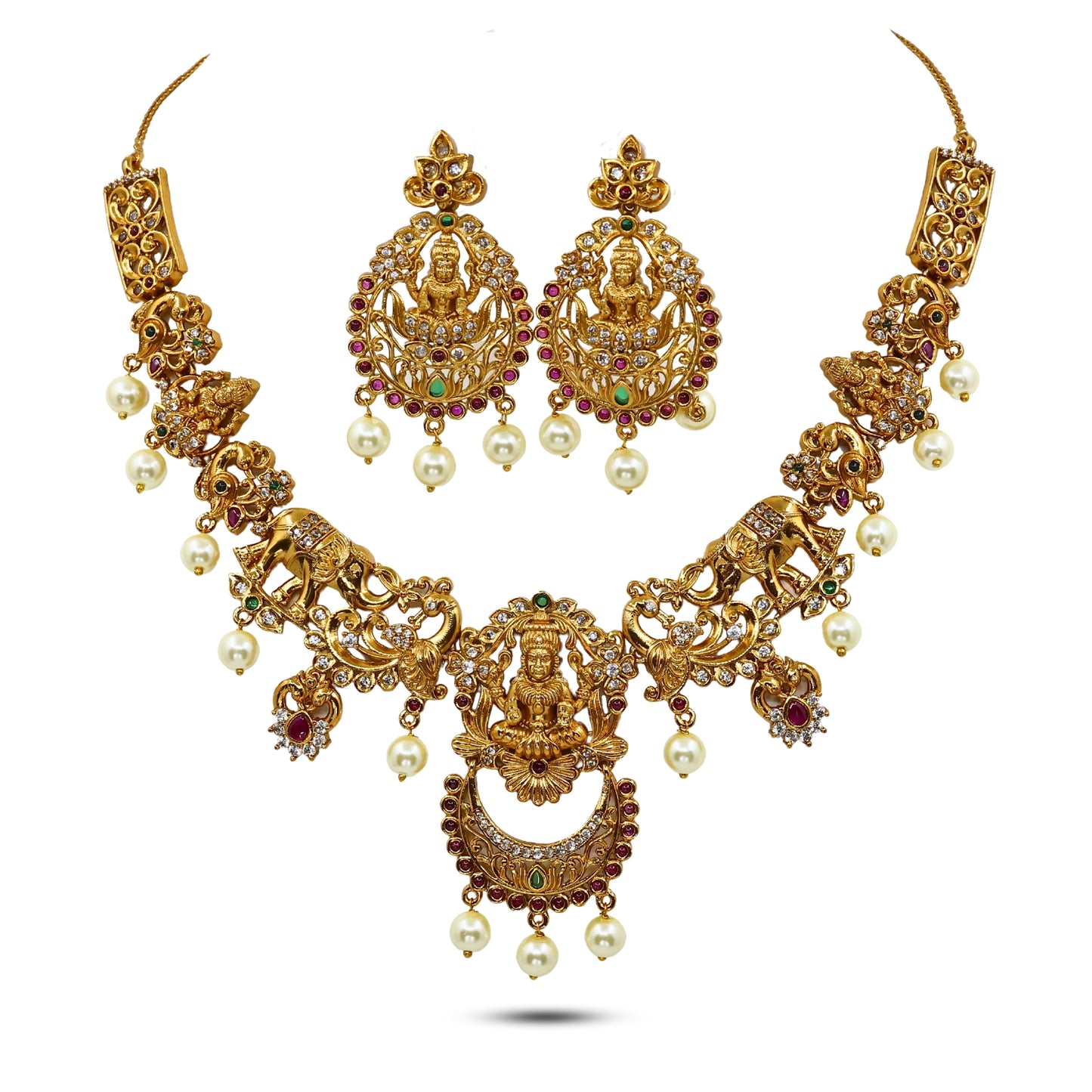 Mavisha Antique Matte Gold Plated Short Necklace Set with Lakshmi Idol, Elephant & Peacock Design